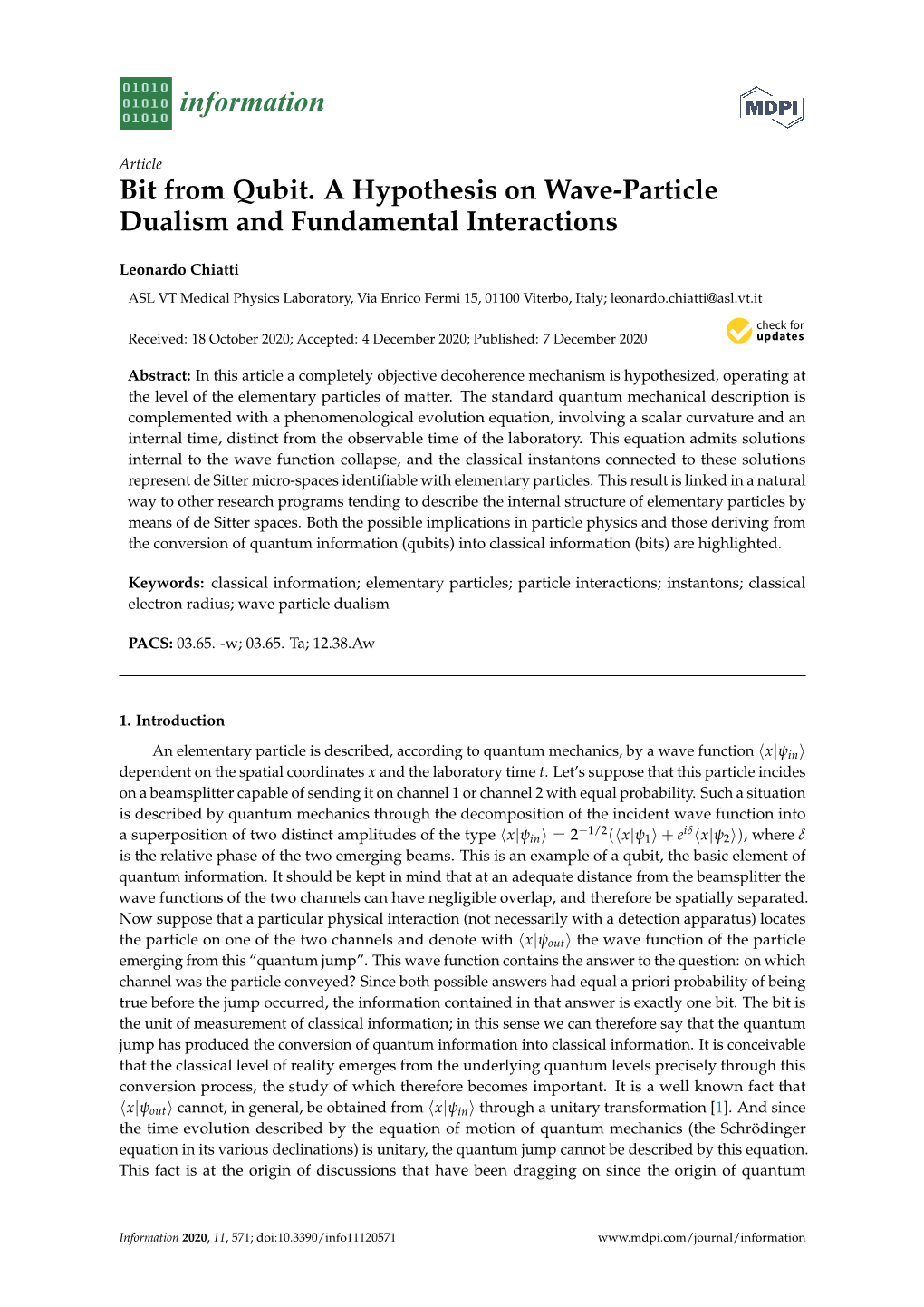 Bit from Qubit. a Hypothesis on Wave-Particle Dualism and Fundamental Interactions