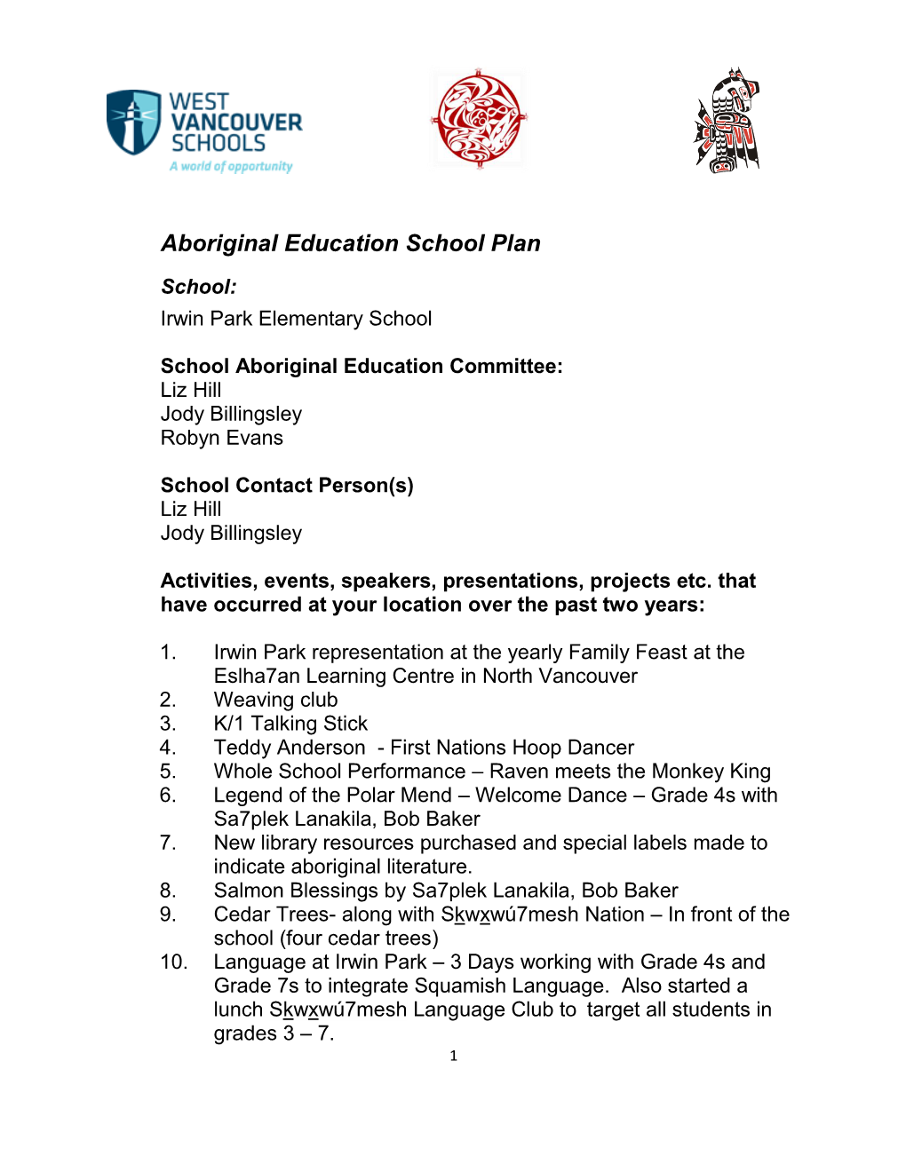 Aboriginal Education School Plan School: Irwin Park Elementary School