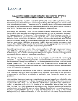 Lazard Announces Commencement of Senior Notes Offering and Concurrent Tender Offer by Lazard Group Llc
