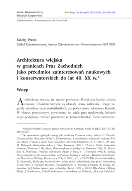 Architektura Wiejska W Granicach Prus Zachodnich Jako Przedmiot Zainteresowań Naukowych I Konserwatorskich Do Lat 40