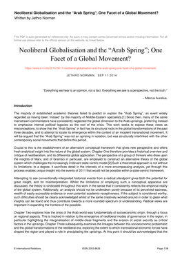 Neoliberal Globalisation and the “Arab Spring”; One Facet of a Global Movement? Written by Jethro Norman