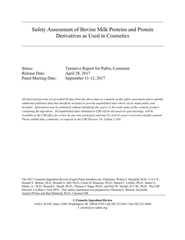 Safety Assessment of Bovine Milk Proteins and Protein Derivatives As Used in Cosmetics