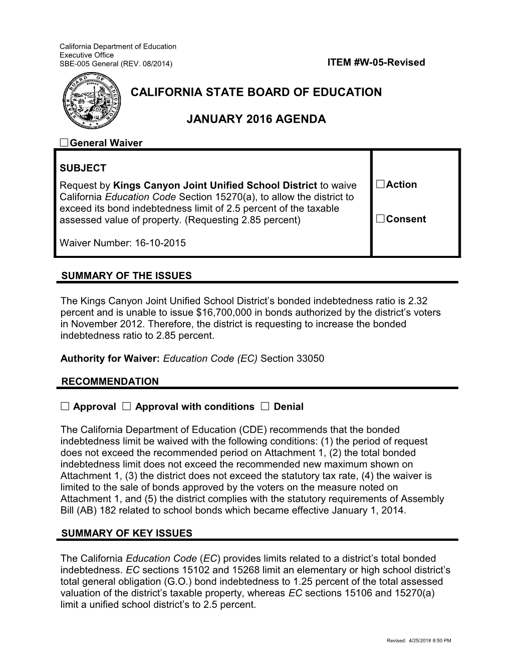 January 2016 Waiver Item W-05 Revised - Meeting Agendas (CA State Board of Education)