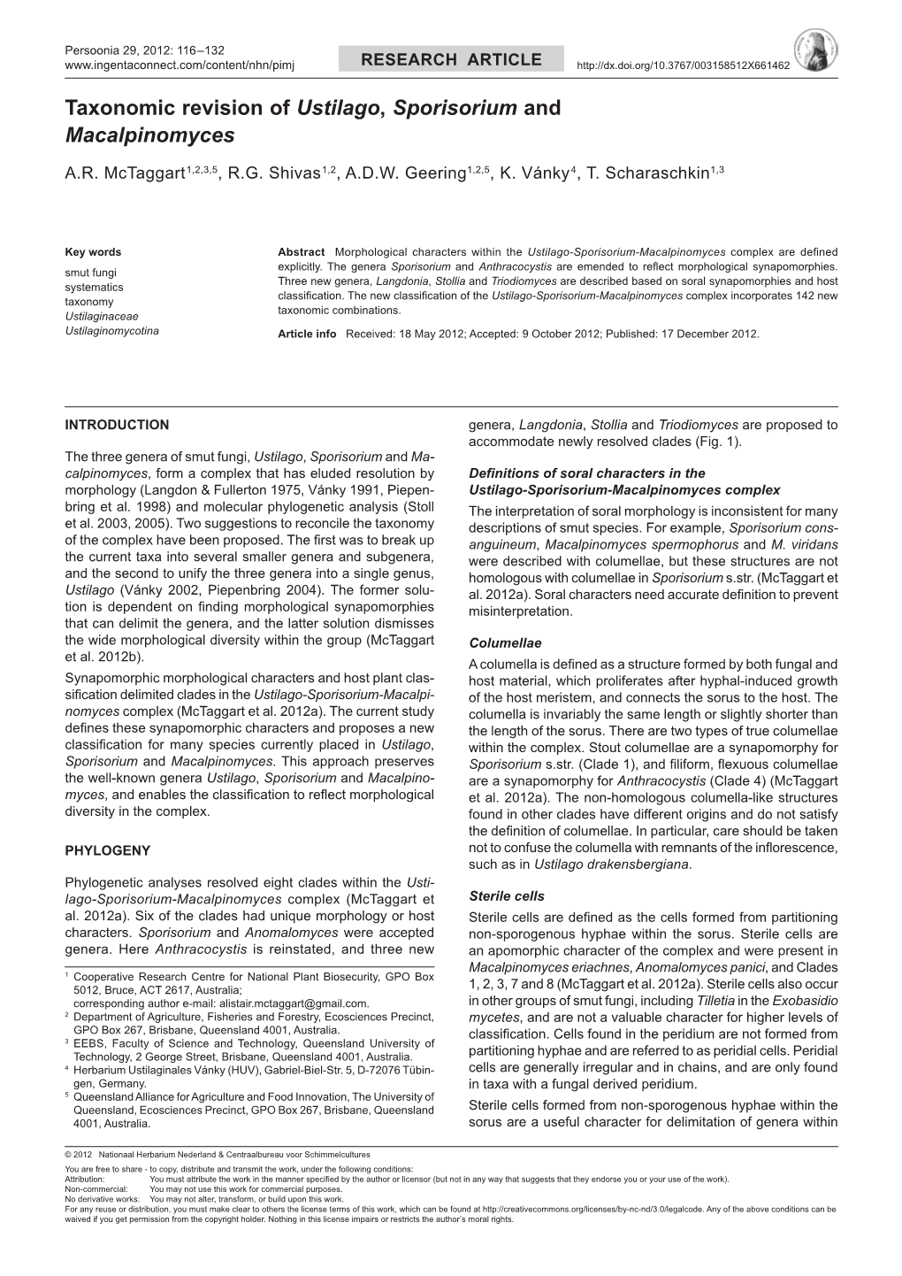 Taxonomic Revision of Ustilago, Sporisorium and Macalpinomyces