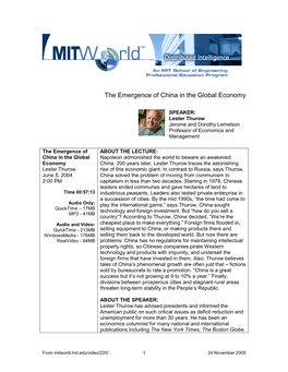 The Emergence of China in the Global Economy