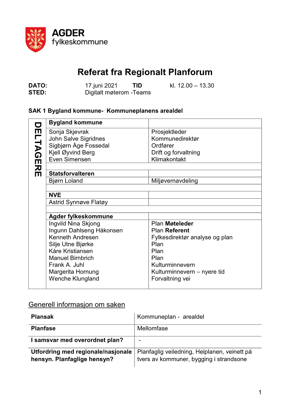 Referat Fra Regionalt Planforum DE L T AG E RE