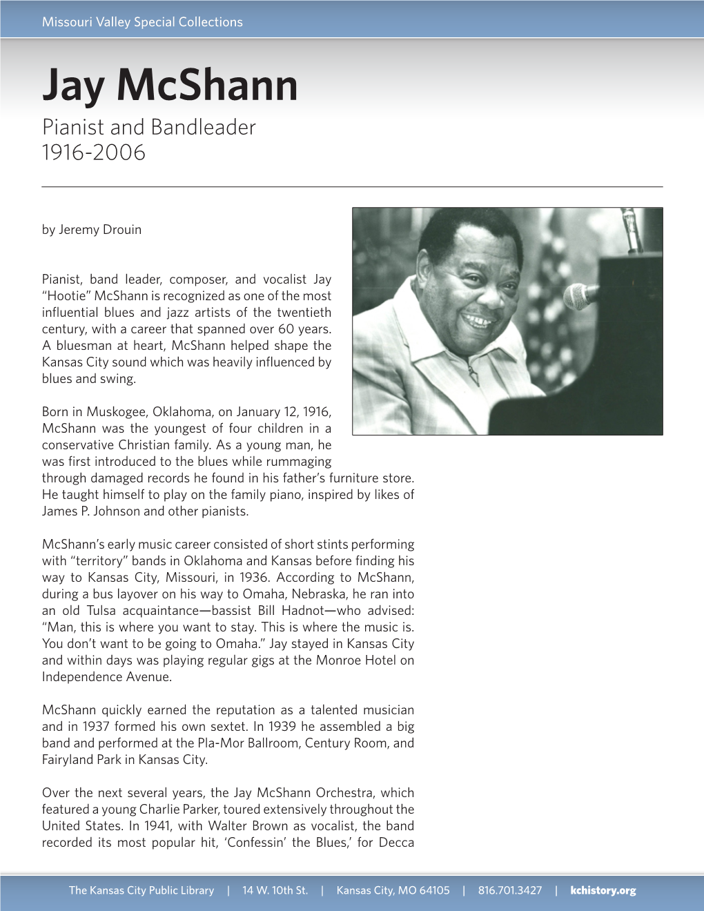 Jay Mcshann Pianist and Bandleader 1916-2006