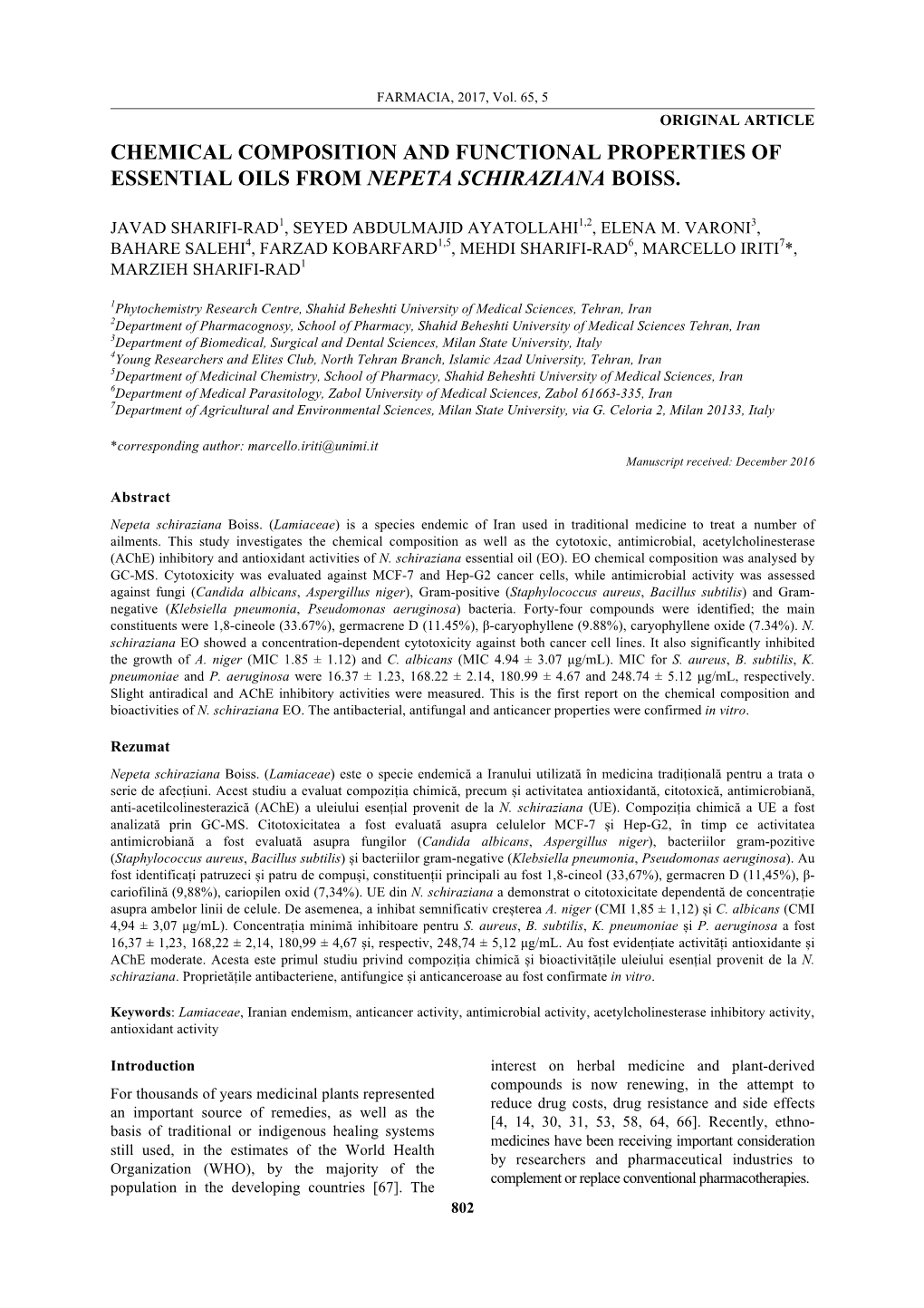 Chemical Composition and Functional Properties of Essential Oils from Nepeta Schiraziana Boiss