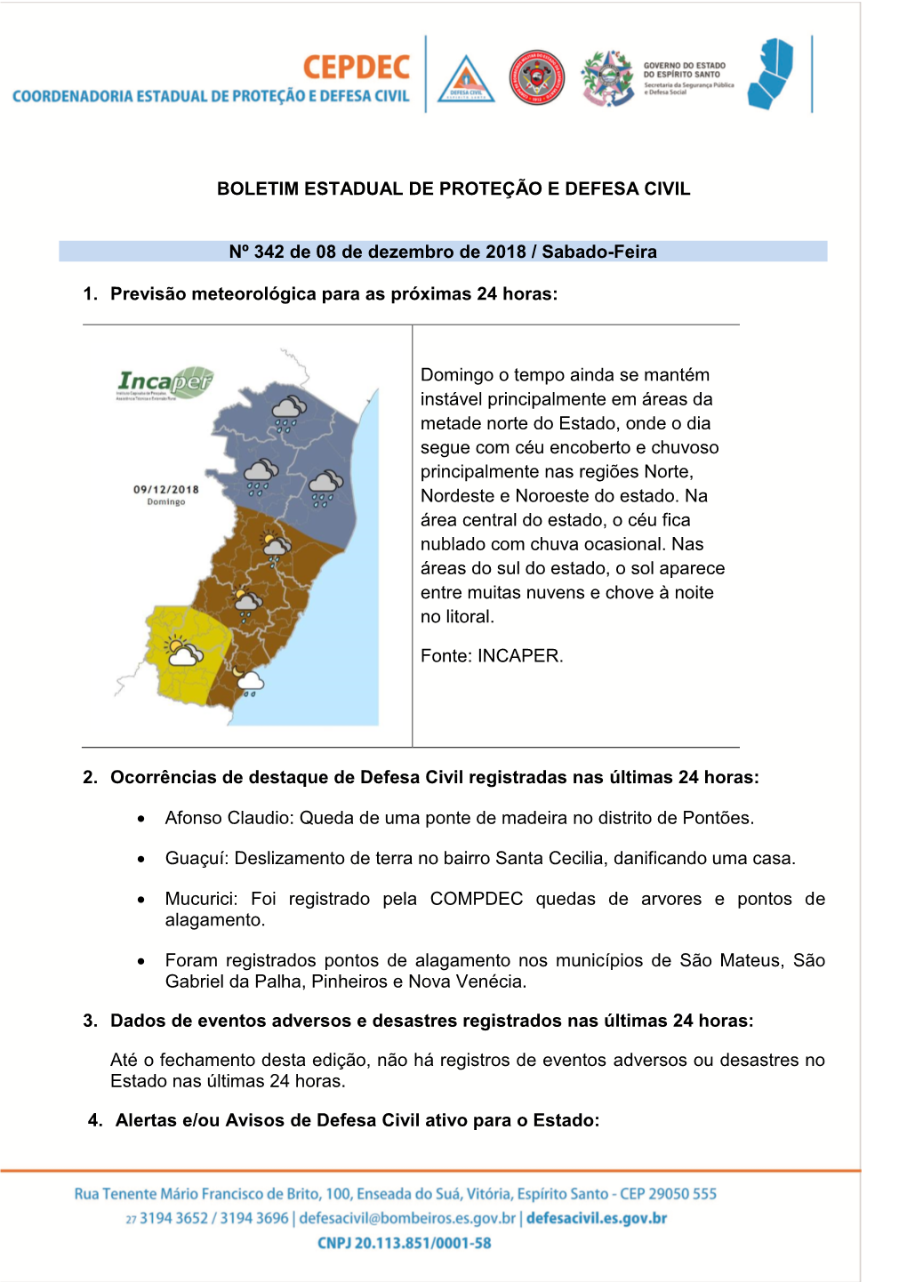 BOLETIM ESTADUAL DE PROTEÇÃO E DEFESA CIVIL Nº 342 De 08 De