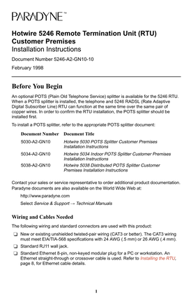 Hotwire 5246 Remote Termination Unit (RTU) Customer Premises Installation Instructions Document Number 5246-A2-GN10-10 February 1998
