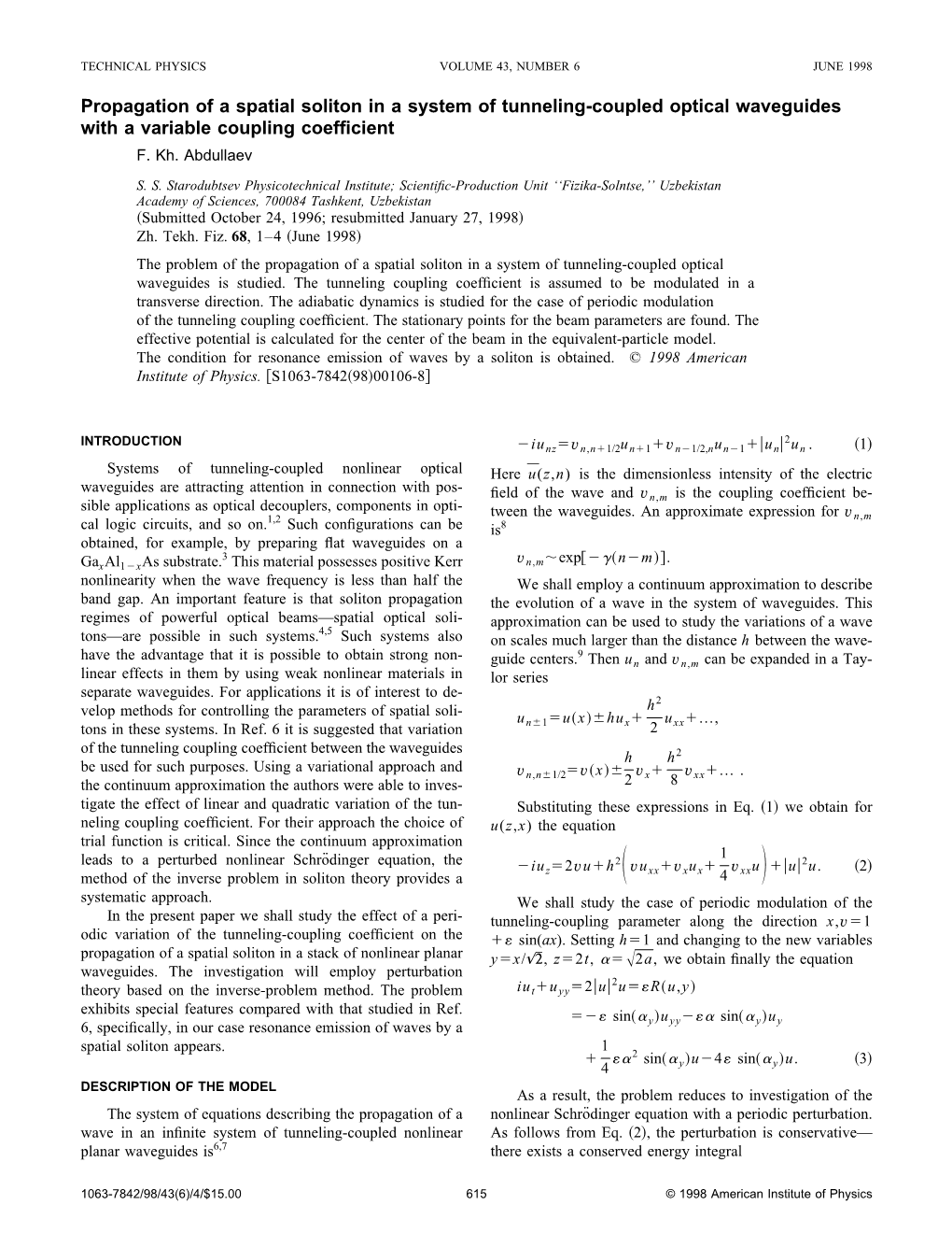 Propagation of a Spatial Soliton in a System of Tunneling-Coupled Optical Waveguides with a Variable Coupling Coefﬁcient F