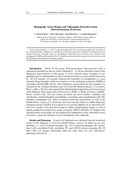 Biologically Active Ibogan and Vallesamine Derivatives from Tabernaemontana Divaricata