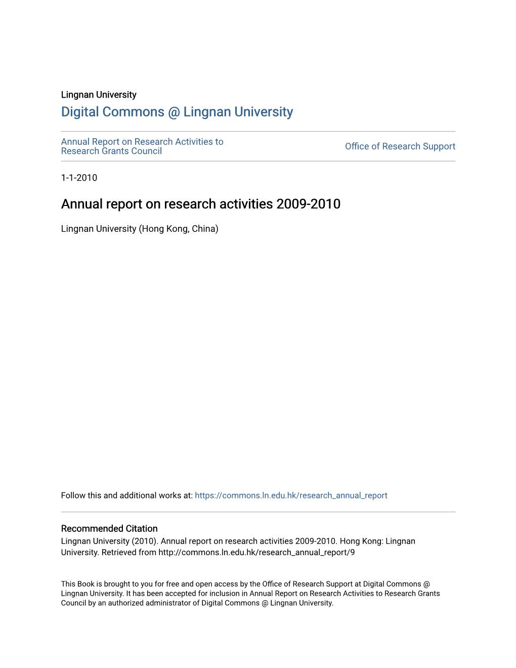 Annual Report on Research Activities 2009-2010