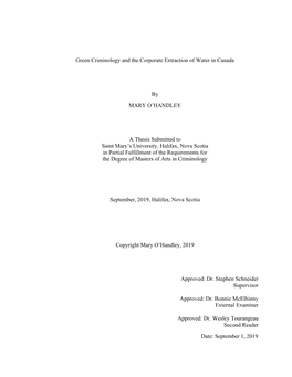 Green Criminology and the Corporate Extraction of Water in Canada by MARY O'handley a Thesis Submitted to Saint Mary's Univ