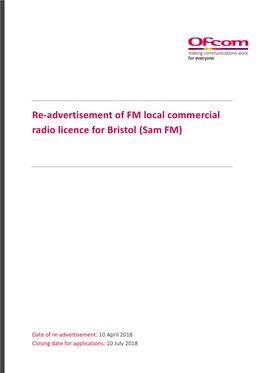 Re-Advertisement of FM Local Commercial Radio Licence for Bristol (Sam FM)