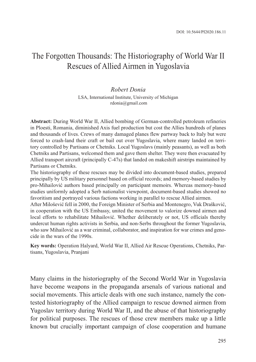 The Historiography of World War II Rescues of Allied Airmen in Yugoslavia