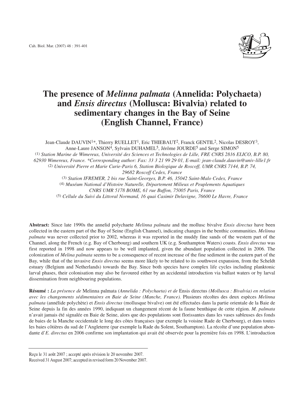 The Presence of Melinna Palmata (Annelida: Polychaeta) and Ensis