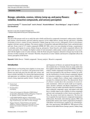Borage, Calendula, Cosmos, Johnny Jump Up, and Pansy Flowers: Volatiles, Bioactive Compounds, and Sensory Perception