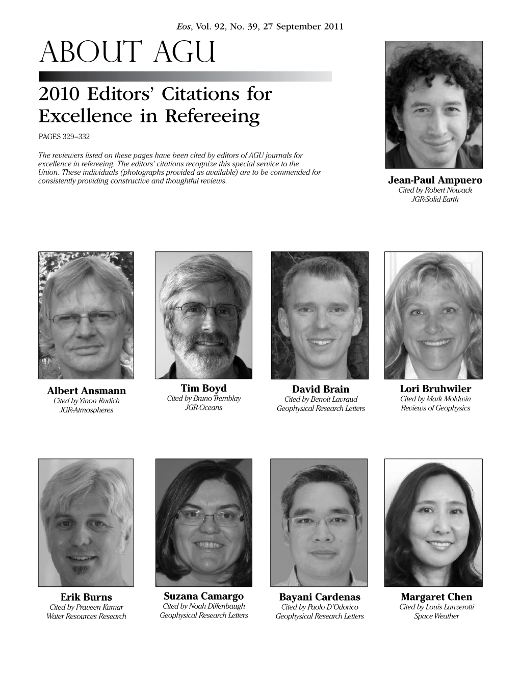 ABOUT AGU 2010 Editors’ Citations for Excellence in Refereeing PAGES 329–332
