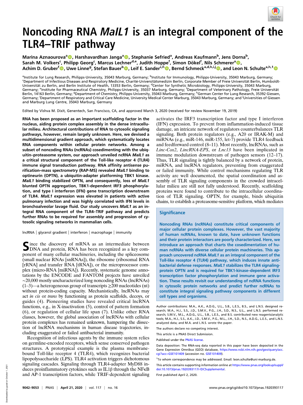 Noncoding RNA Mail1 Is an Integral Component of the TLR4–TRIF Pathway