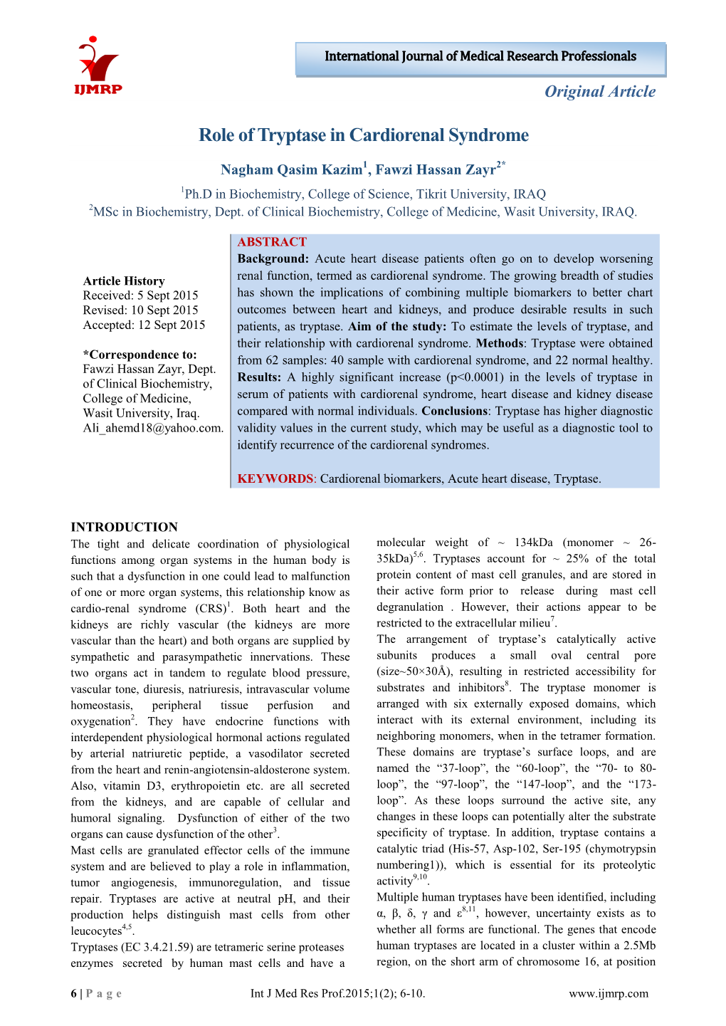 Role of Tryptase in Cardiorenal Syndrome