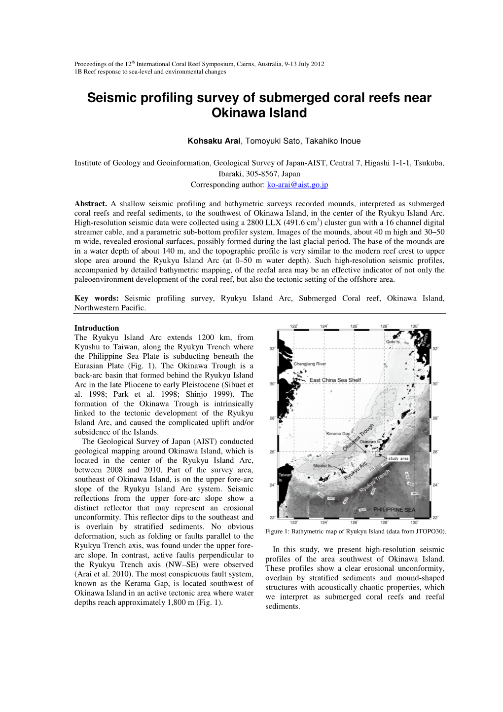 Seismic Profiling Survey of Submerged Coral Reefs Near Okinawa Island