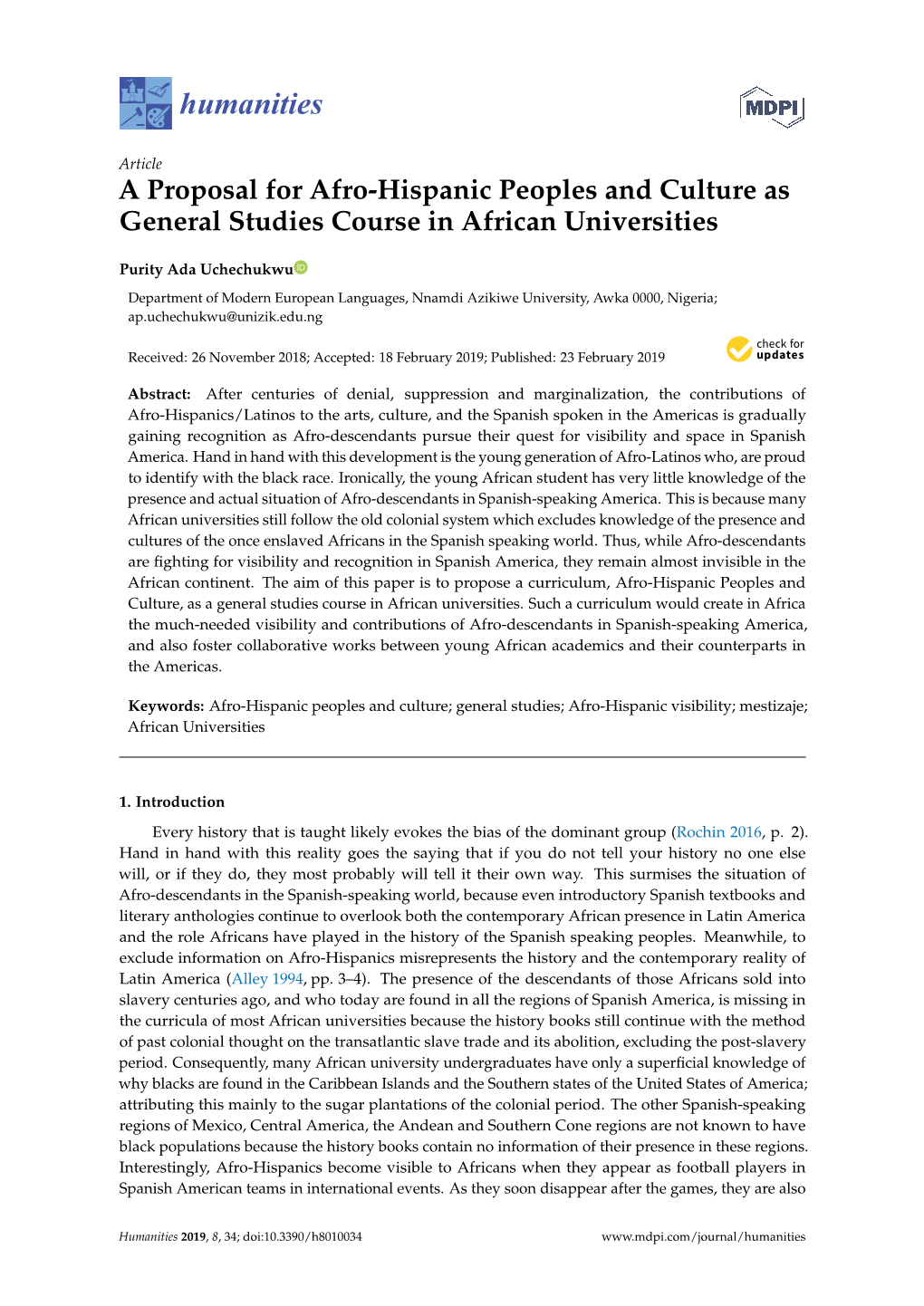 A Proposal for Afro-Hispanic Peoples and Culture As General Studies Course in African Universities