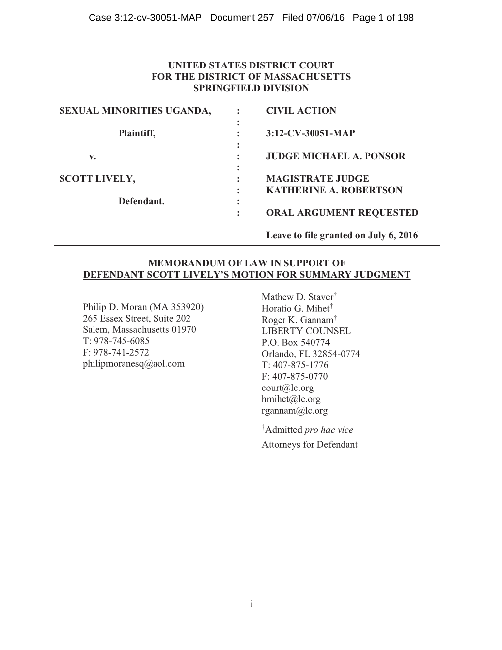 Lively's Memorandum of Law in Support of His Motion for Summary