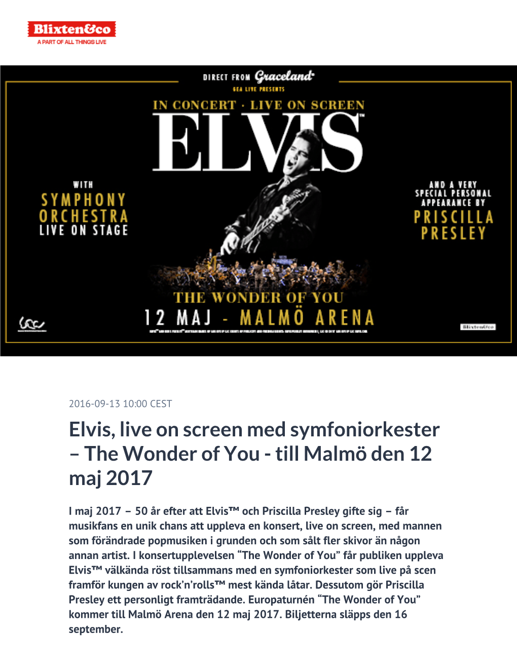 Elvis, Live on Screen Med Symfoniorkester – the Wonder of You - Till Malmö Den 12 Maj 2017