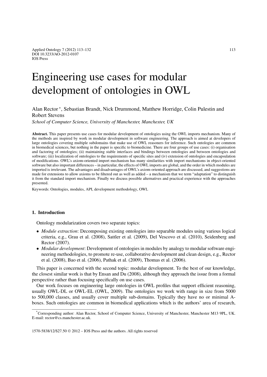 Engineering Use Cases for Modular Development of Ontologies in OWL