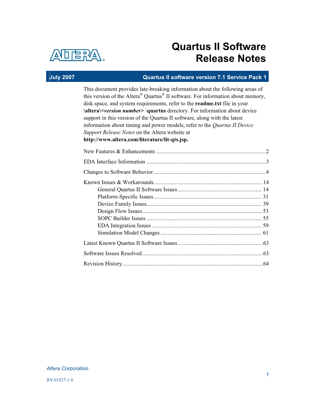 Quartus II Software Version 7.1 SP1 Release Notes