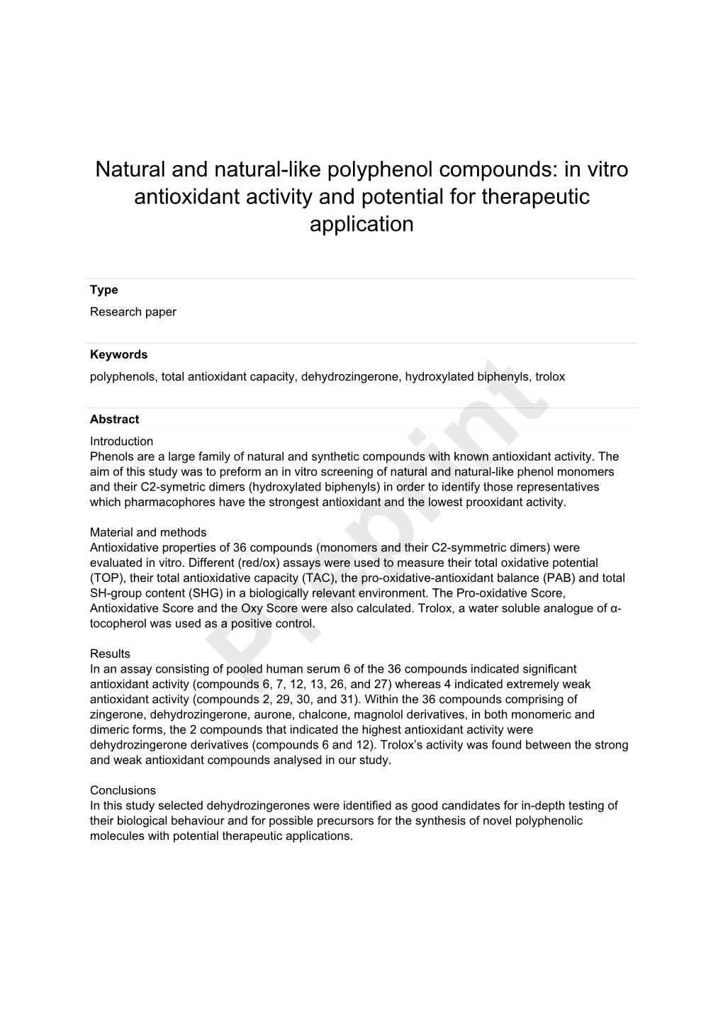 In Vitro Antioxidant Activity and Potential for Therapeutic Application