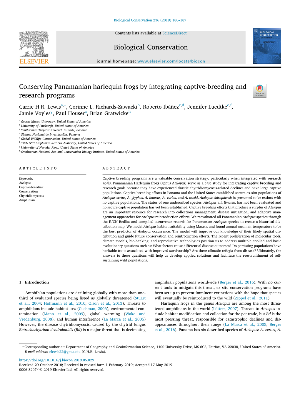 Conserving Panamanian Harlequin Frogs by Integrating Captive-Breeding and T Research Programs ⁎ Carrie H.R