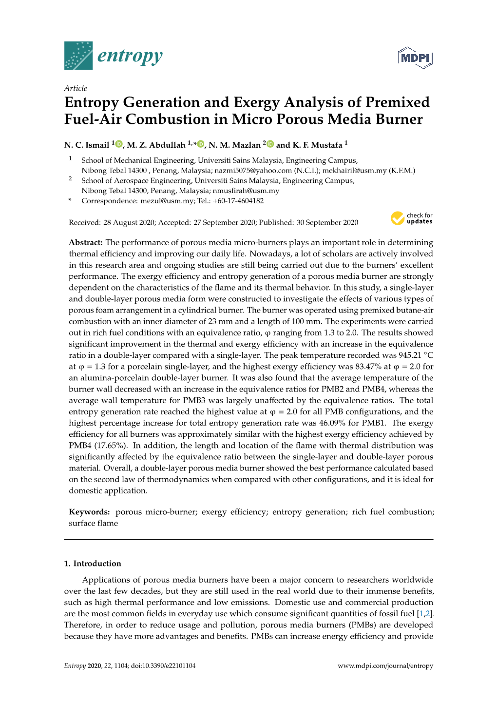 Entropy Generation and Exergy Analysis of Premixed Fuel-Air Combustion in Micro Porous Media Burner