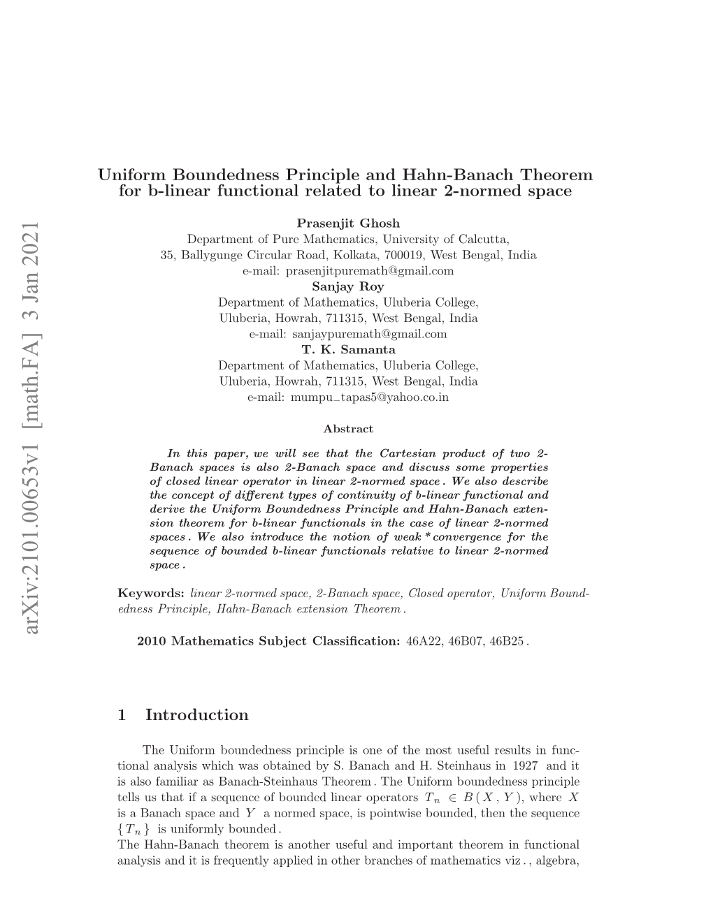 Arxiv:2101.00653V1 [Math.FA] 3 Jan 2021