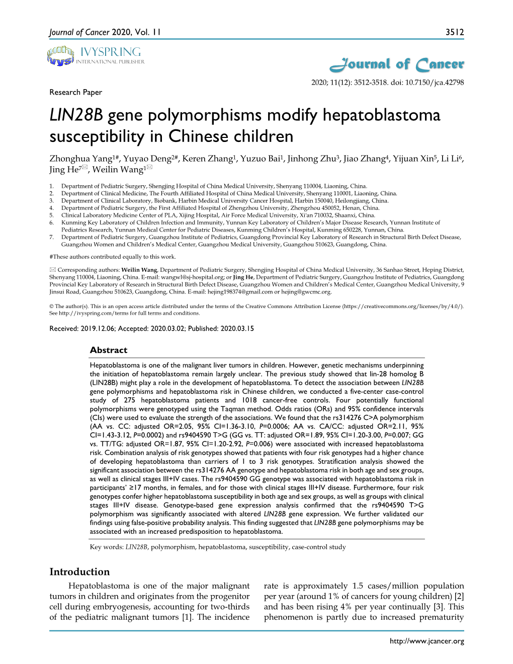 LIN28B Gene Polymorphisms Modify Hepatoblastoma Susceptibility In