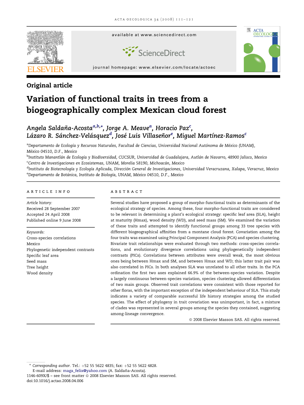 Variation of Functional Traits in Trees from a Biogeographically Complex Mexican Cloud Forest