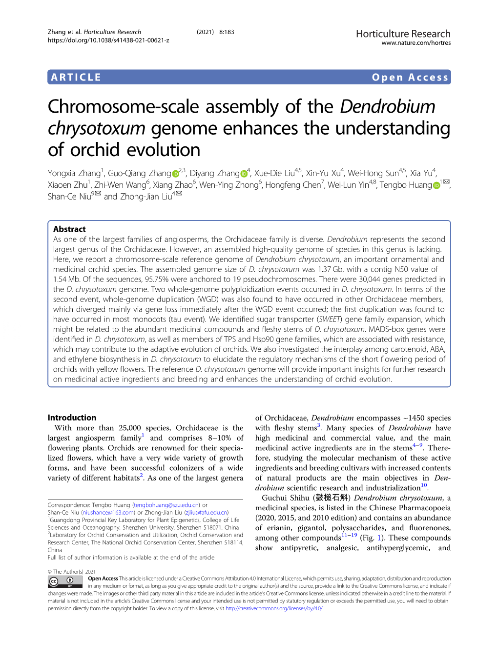 Chromosome-Scale Assembly of the Dendrobium Chrysotoxum Genome