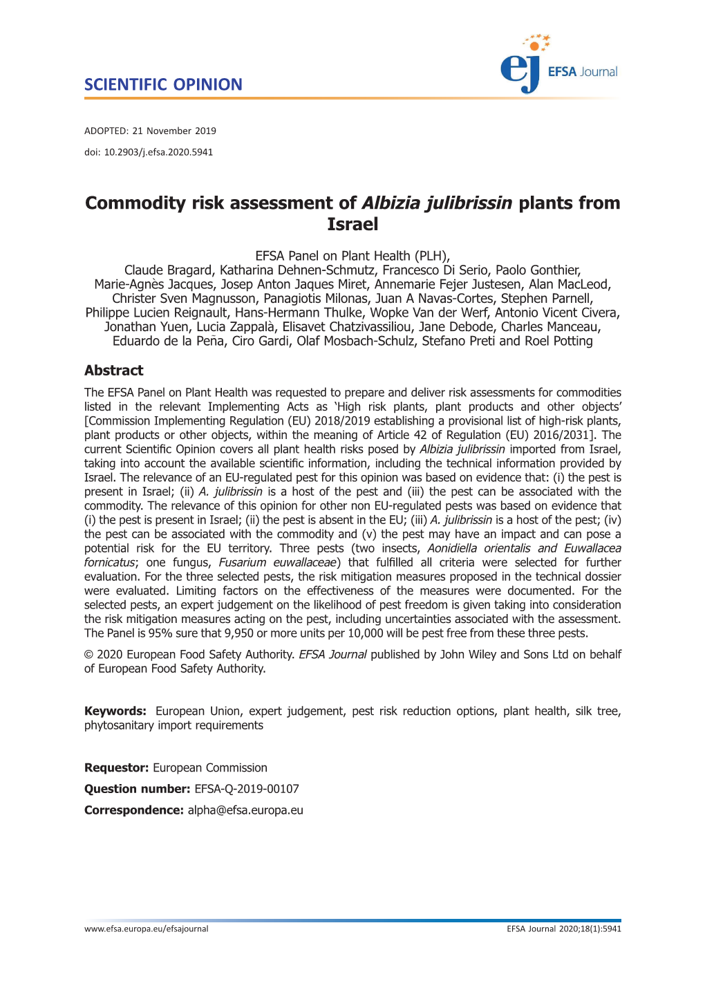 Commodity Risk Assessment of Albizia Julibrissin Plants from Israel