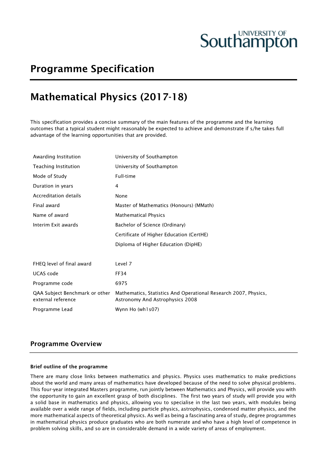 Programme Specification Mathematical Physics