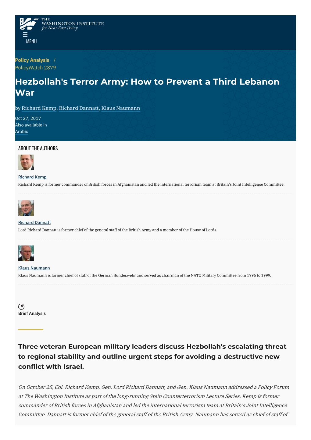 Hezbollah's Terror Army: How to Prevent a Third Lebanon War by Richard Kemp, Richard Dannatt, Klaus Naumann