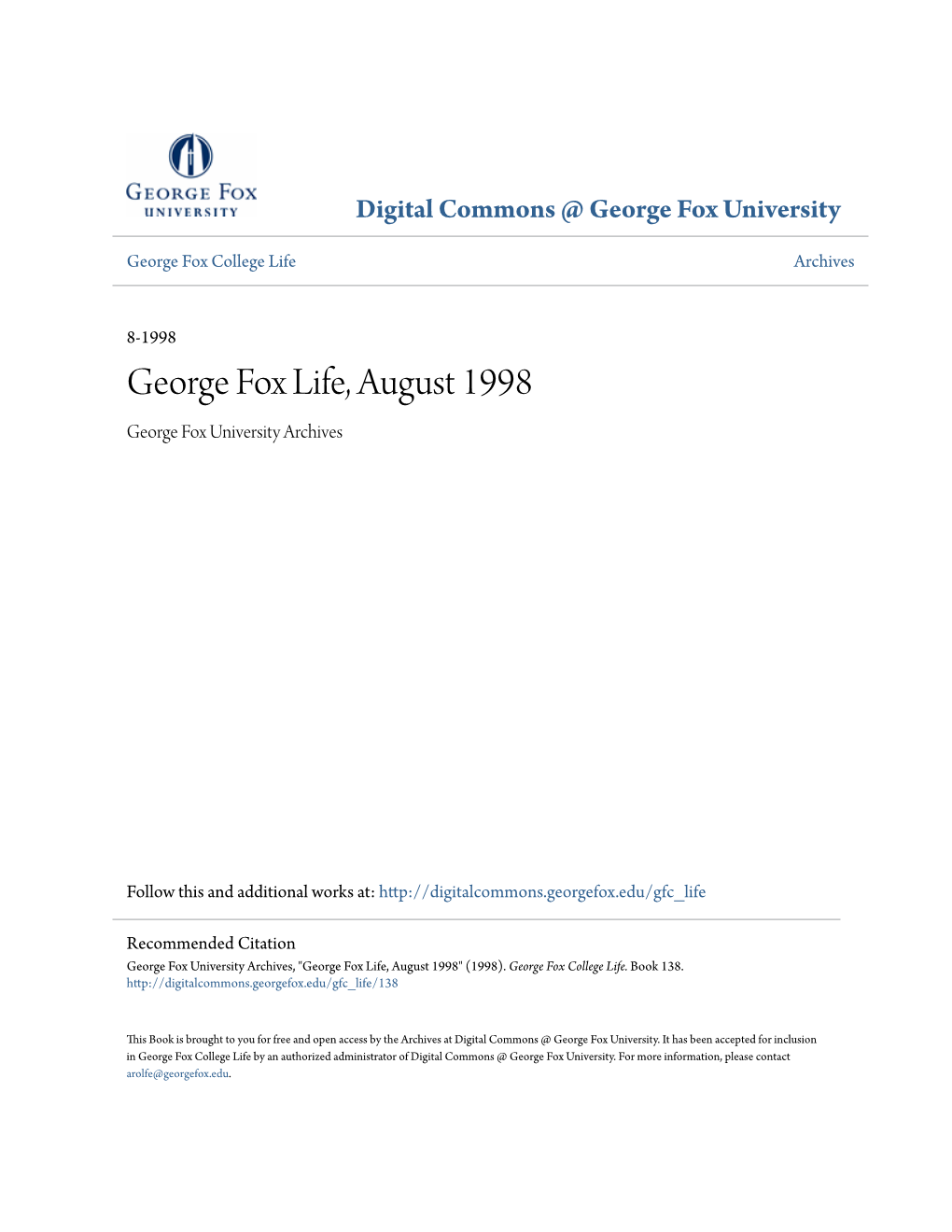 George Fox Life, August 1998 George Fox University Archives