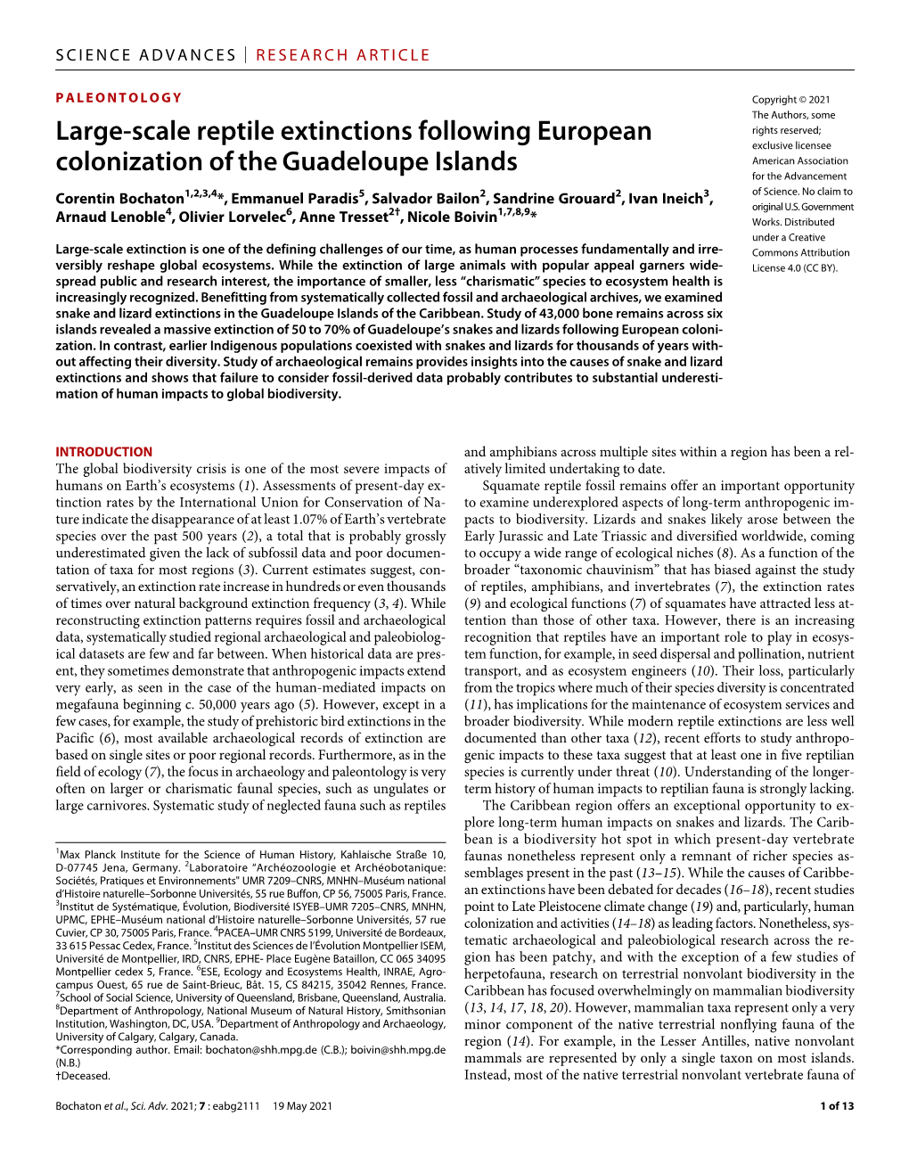 Large-Scale Reptile Extinctions Following European Colonization of the Guadeloupe Faunal Turnover and Human Impact