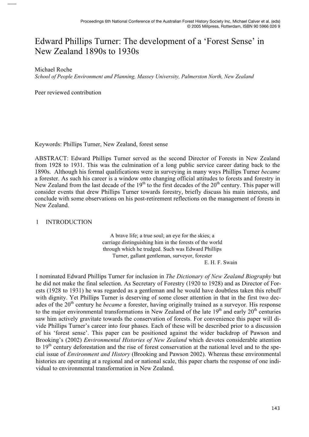 Edward Phillips Turner: the Development of a ‘Forest Sense’ in New Zealand 1890S to 1930S