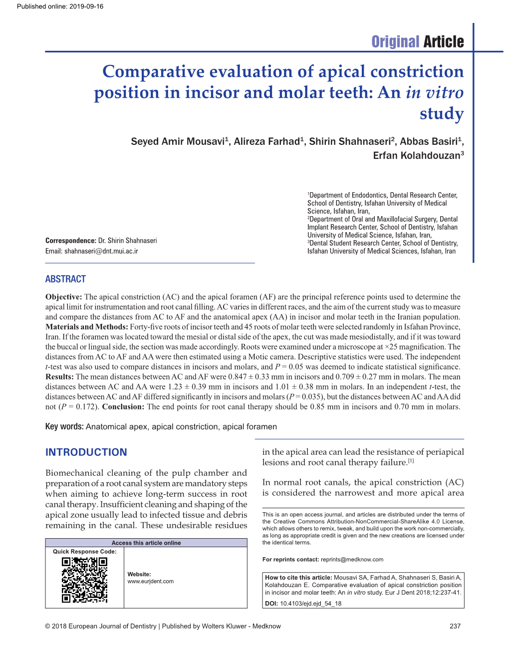 Comparative Evaluation of Apical Constriction Position in Incisor and Molar Teeth: an in Vitro Study