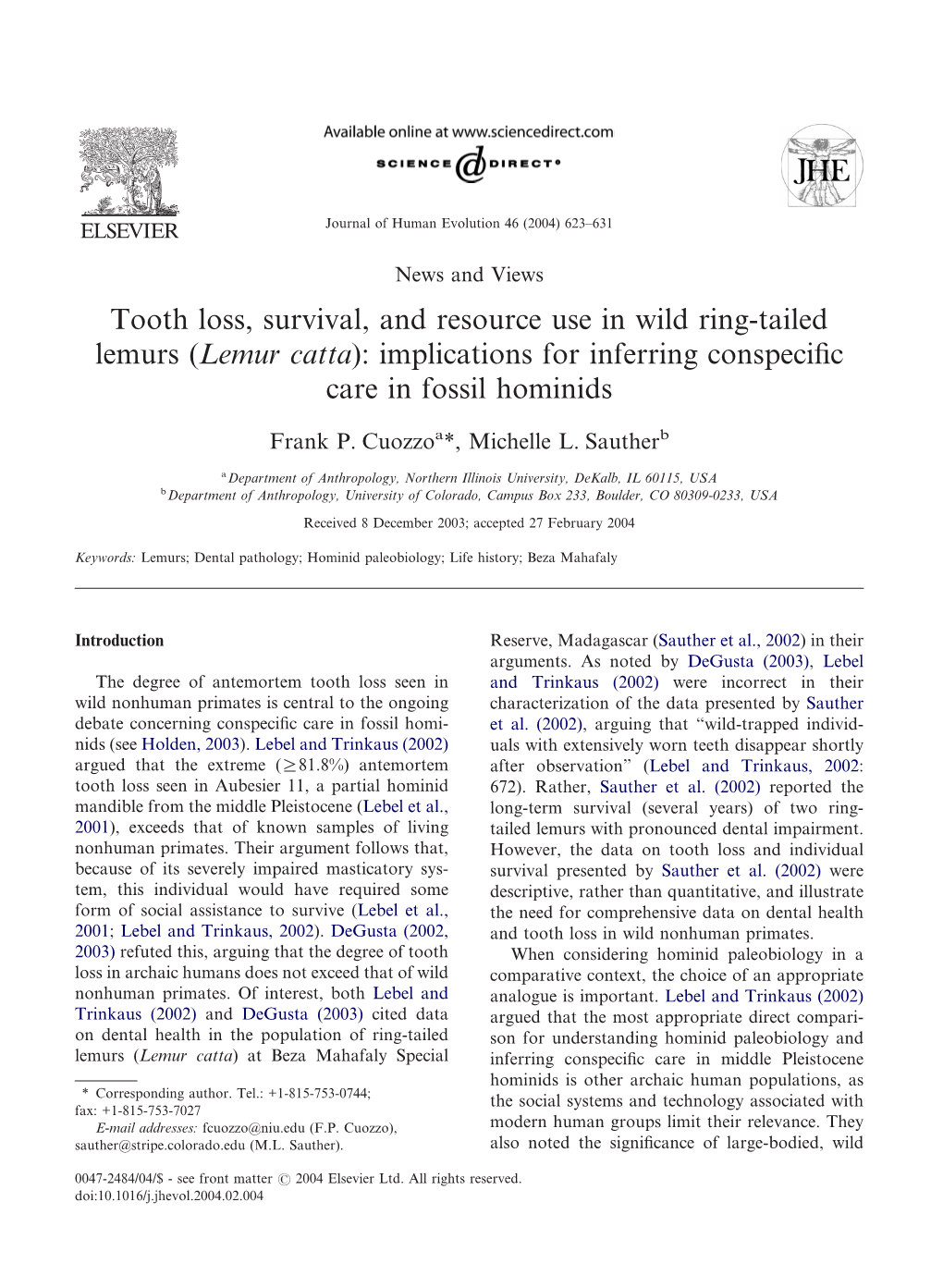 Lemur Catta): Implications for Inferring Conspeciﬁc Care in Fossil Hominids