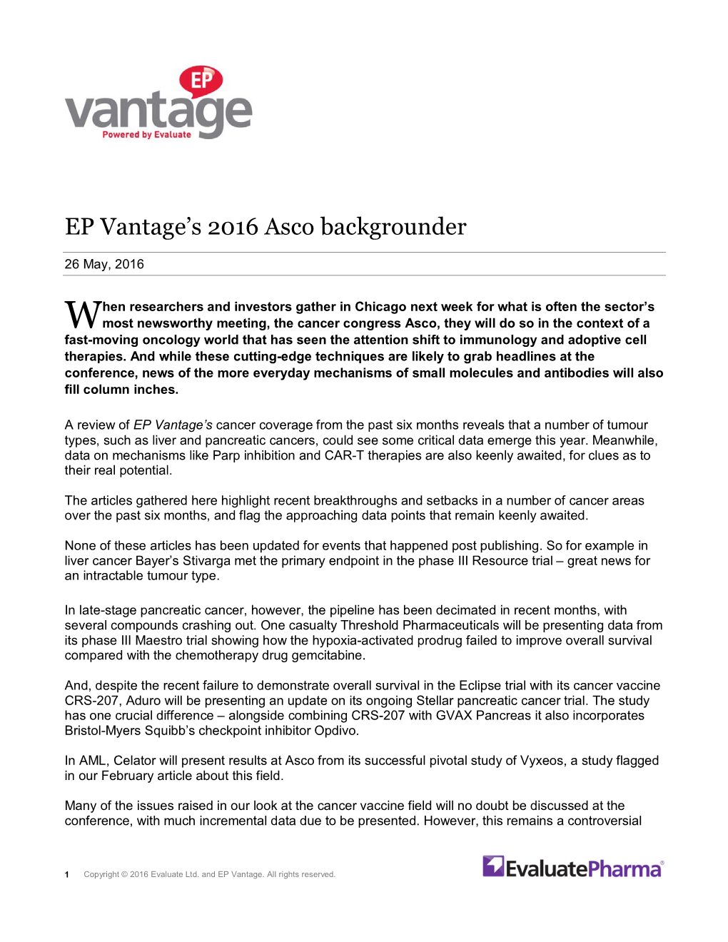 EP Vantage's 2016 Asco Backgrounder