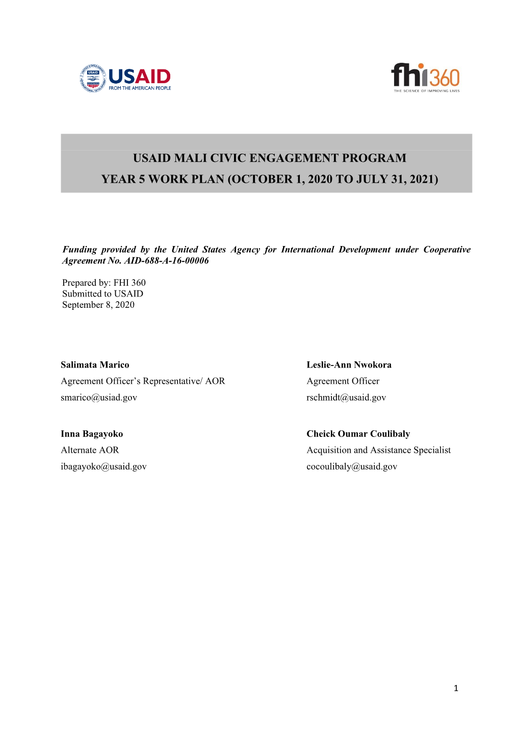 Usaid Mali Civic Engagement Program Year 5 Work Plan (October 1, 2020 to July 31, 2021)