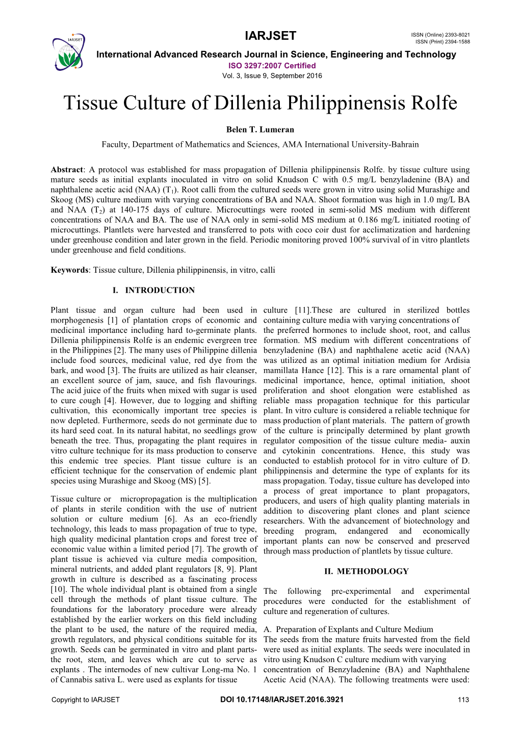 Tissue Culture of Dillenia Philippinensis Rolfe