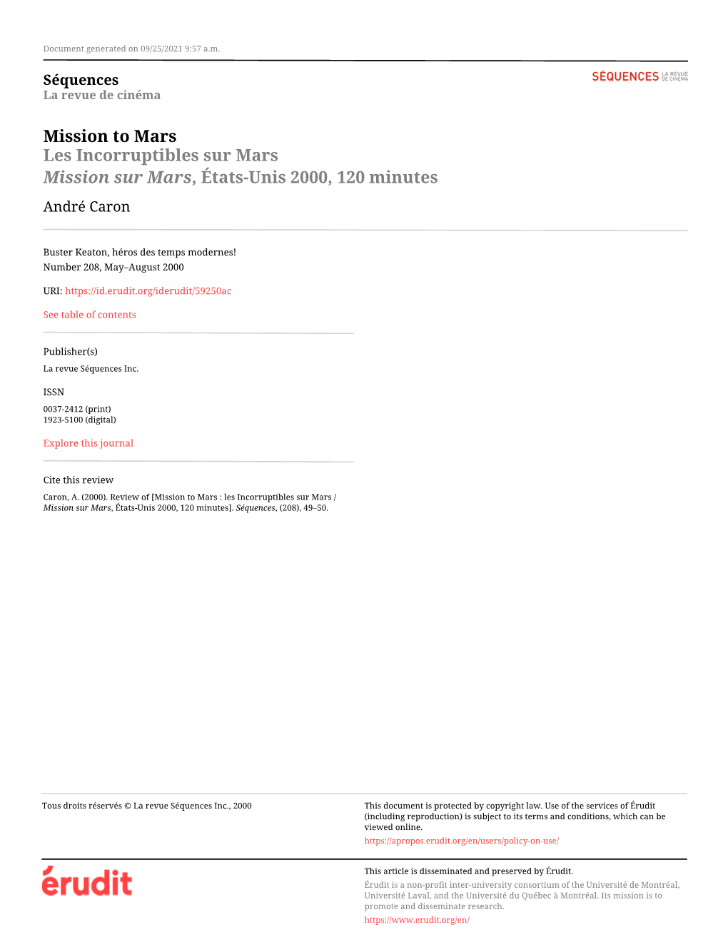 Les Incorruptibles Sur Mars / Mission Sur Mars, États-Unis 2000, 120 Minutes]